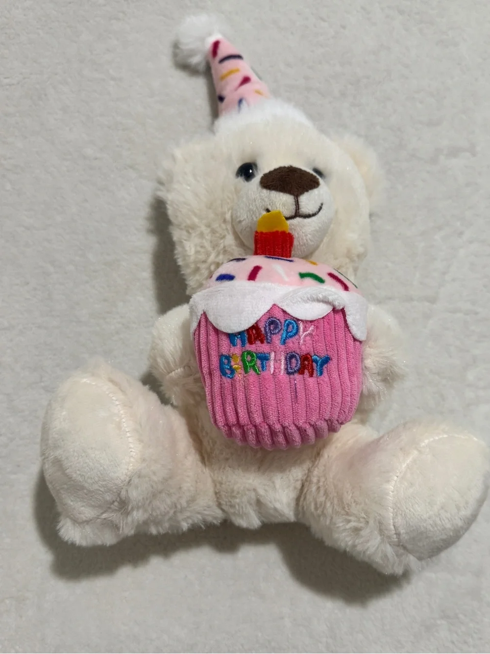 Cute White Birthday Teddy Bear Plush Holding Cupcake Stuffed Animal